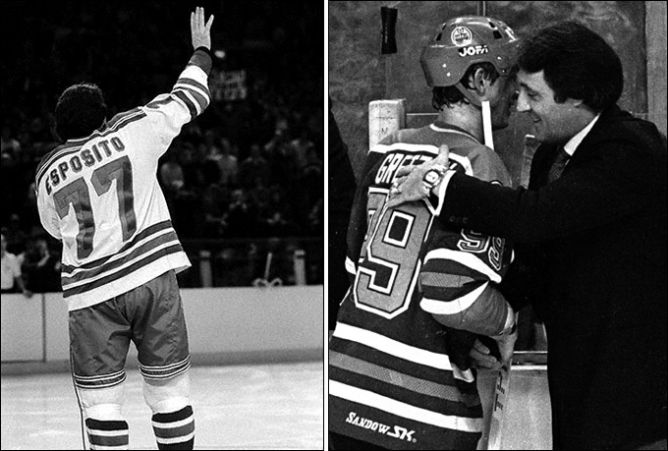 9 января 1981 года. Прощание Фила Эспозито с хоккеем и нью-йоркскими болельщиками. Слева: 1982 год, Гретцки и Эспозито - передача эстафеты.